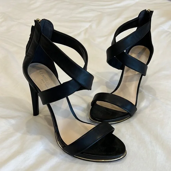 Kenneth Cole black strappy high heels back zipper size 6.5M - Picture 1 of 6